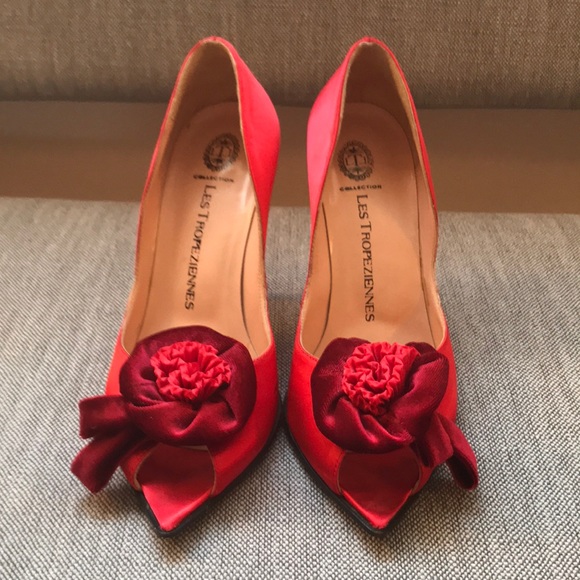 Les Tropeziennes Shoes - Les Tropeziennes red satin peep toe heel